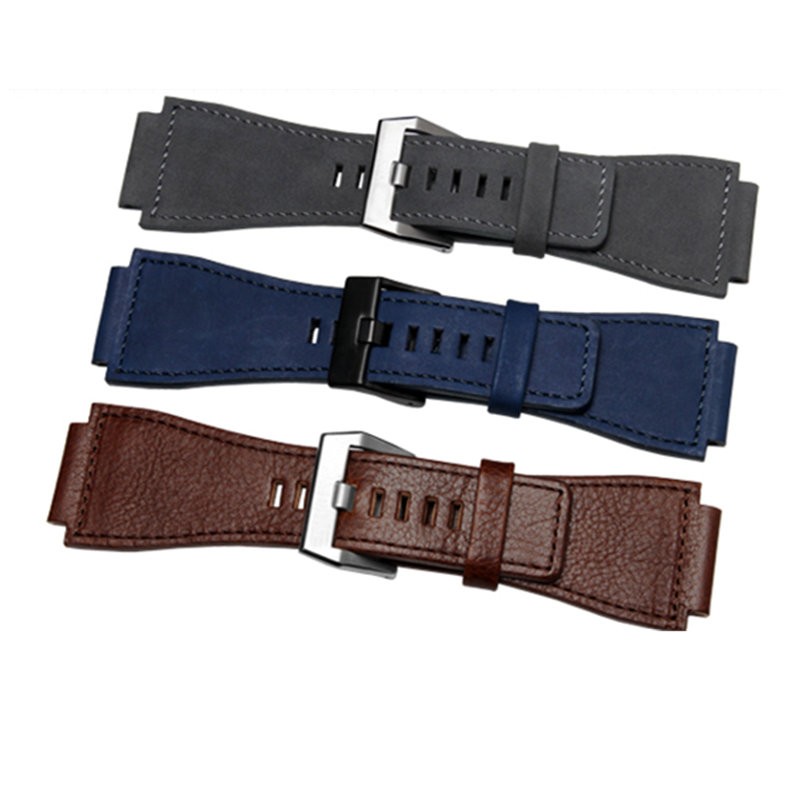 34mm*24mm Gray Blue Brown Leather Watch Band 3mm Thick Strap Belt Silver Black Pin Tongue Buckle