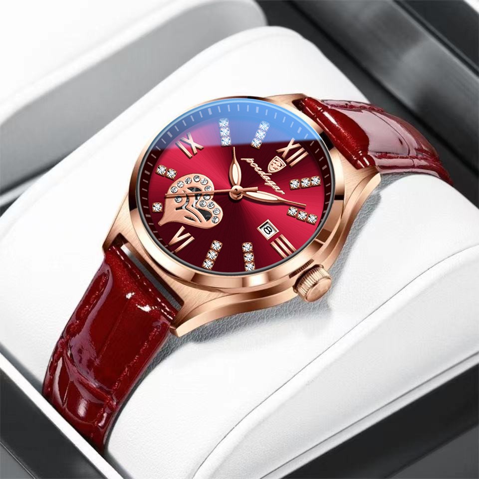 POEDAGAR 2022 Women Watches Fashion Leather Romance Red Dial Luxury Ladies Watch Waterproof Quartz Date Swiss Brand Wristwatch