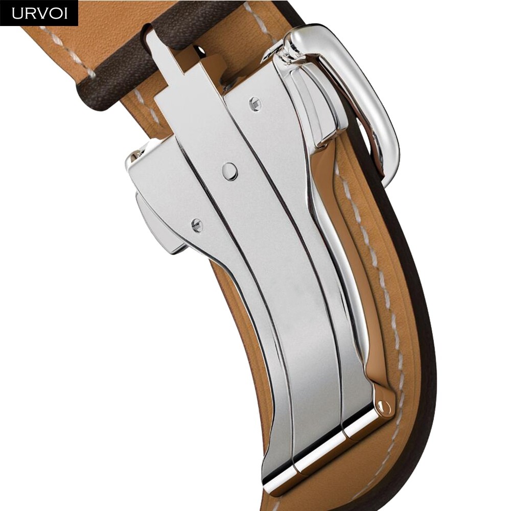 URVOI Deploy Buckle Strap for Apple Watch Series 7 6 SE 5 4 3 2 1 Strap for iwatch Strap Round Single Leather Watch Strap Swift