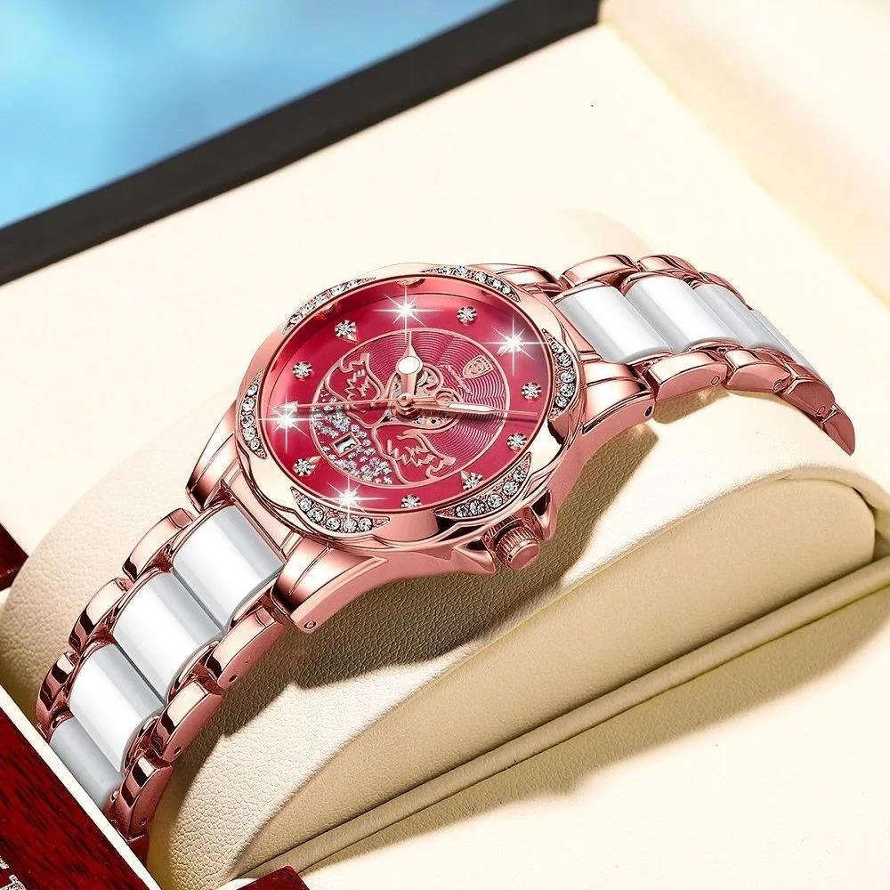 POEDAGAR Women Watch Luxury Quartz Diamond Rose Gold Ceramic Steel Watches Waterproof Luminous Swiss Brand Ladies Wristwatches