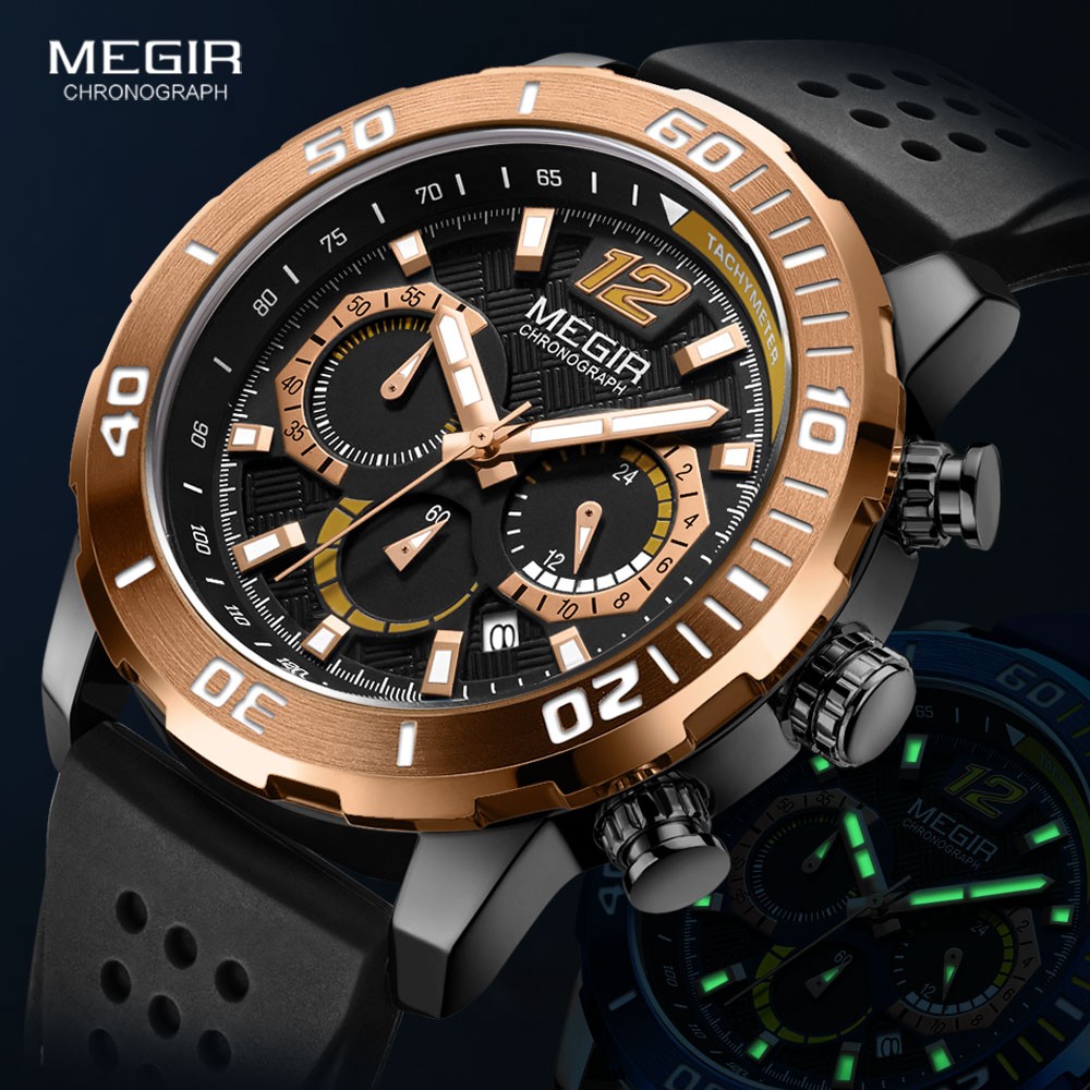 MEGIR Silicone Strap Milliari Sport Watches Men Waterproof Luminous Chronograph Quartz Watch Man Brown Reloj Relogio Watches