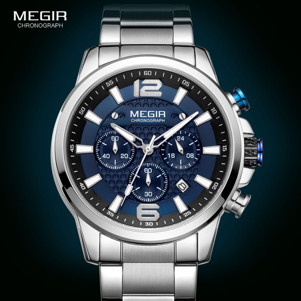 MEGIR 2020- Luxury Watches for Men, Men's Watch, Stainless Steel, Luminous, Water Resistant, Sport Chronograph, Quartz, Blue