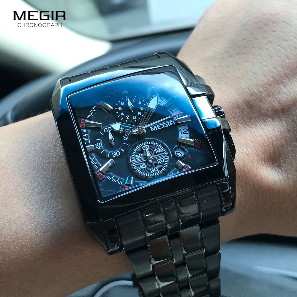 MEGIR Full Black Watches Men Luxury Chronograph Quartz Watch for Man Square Dial Luminous Wristwatch Relogios Relogios Reloj