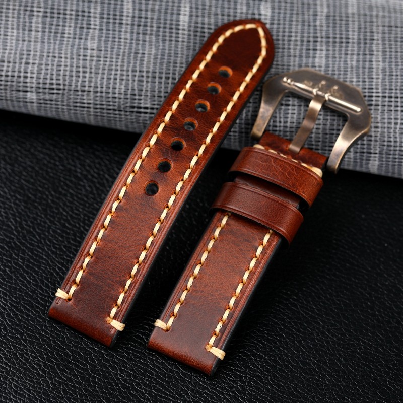 Hand Oiled Waxed Leather Leather Watchband Bronze Submarine 22 24 26MM Top Layer Leather Bronze Watch Bracelet Vintage Style