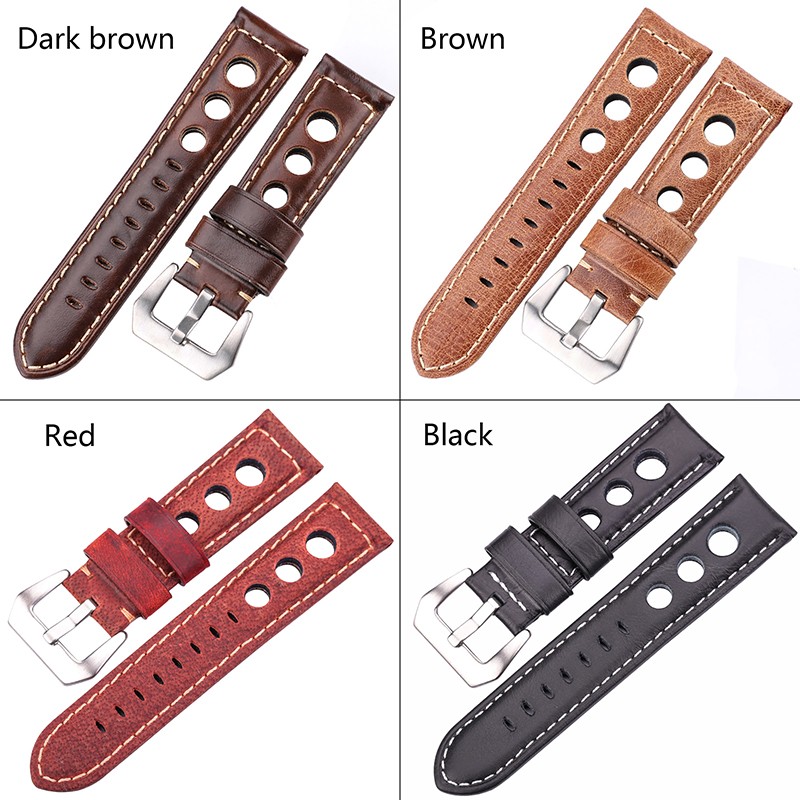 Cowhide Oil Wax Leather Watch Band, 22mm, 24mm, Dark Brown, for Men and Women, Genuine Leather, Fashionable, with Pin Buckle