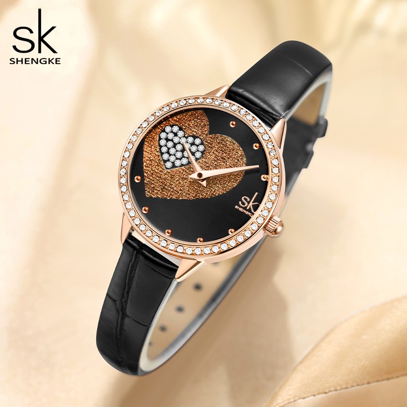 Quartz Watch for Women Luxury Fashion Leather Wristwatch Female Anniversary Gift Office Casual Shopping Rhinestone Heart Clock