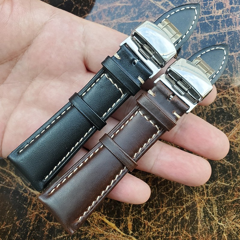 Soft Antique Watch Strap for Men and Women, Dark Brown, Genuine Leather, Metal, Butterfly Deployment Buckle, 18-24mm