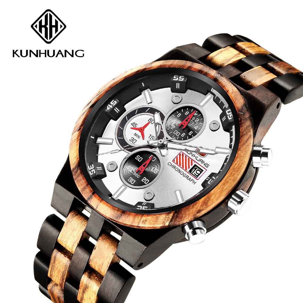 KUNHUANG Men Luxury Brand personality Sport Mens Watches Wooden Quartz Clock Men's Multifunction Wooden Watch Relogio masculino