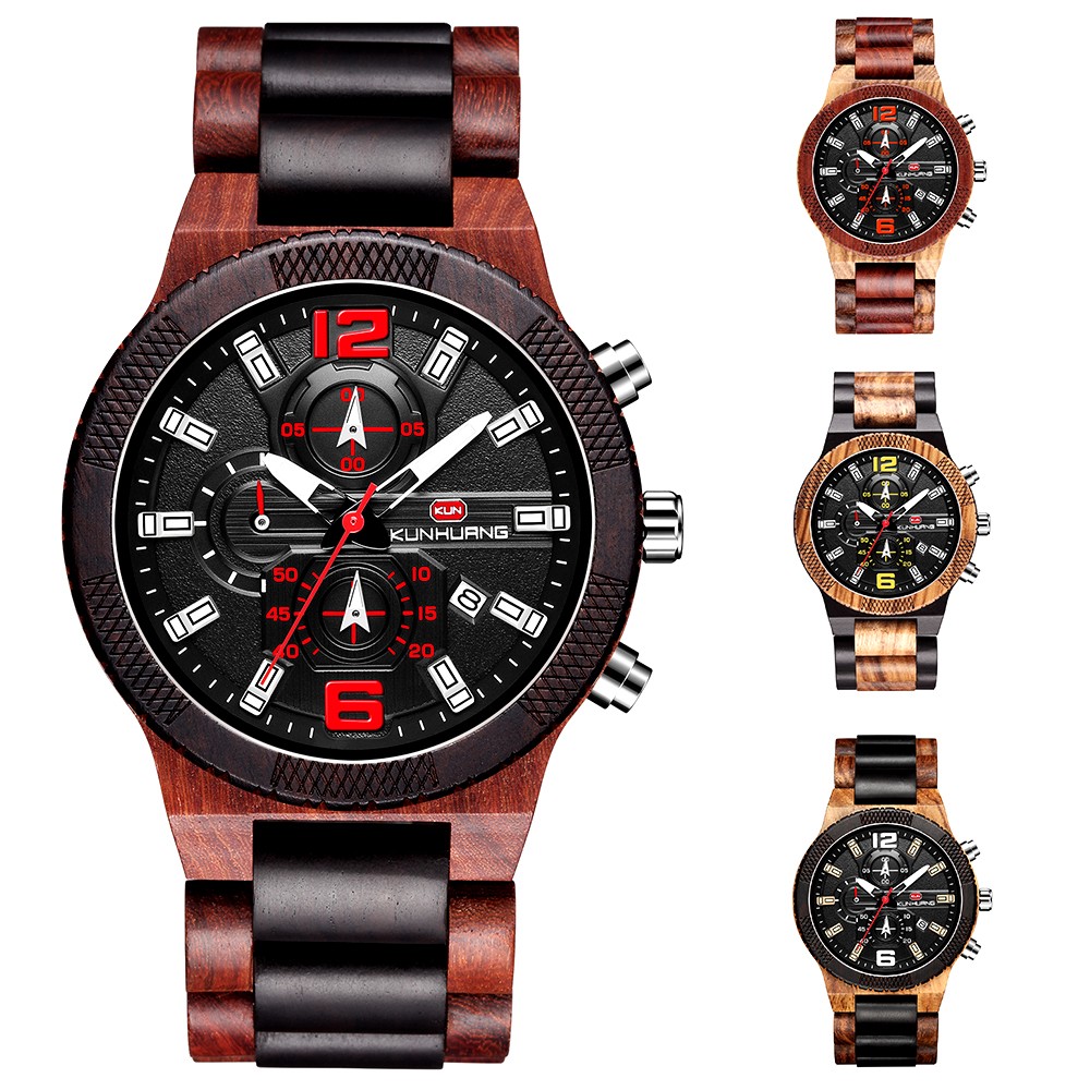 Kunhuang Men's Wooden Quartz Watches In Wood Luxury Brand Military Sports Watch Personality Male Clock Relogio Masculino