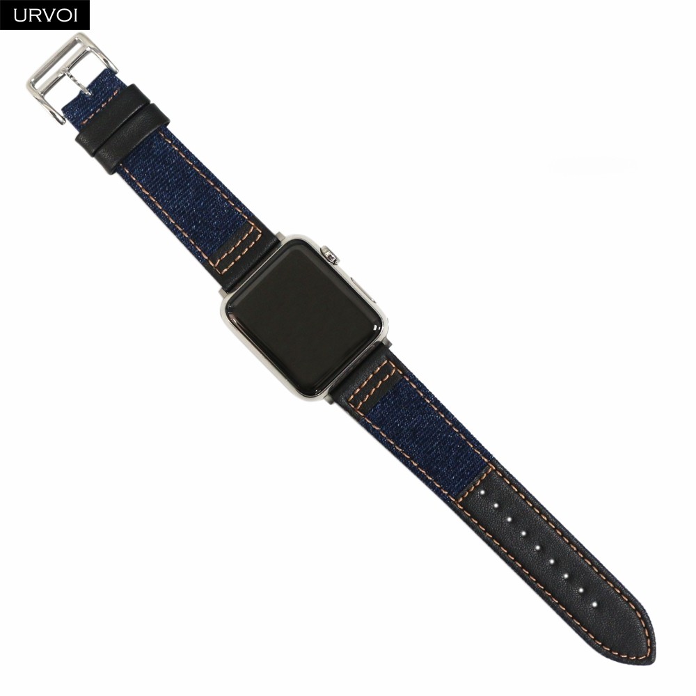 URVOI Strap for Apple Watch Series 7 654321SE Jean Band with Genuine Leather Strap for iWatch Denim Design Canvas Denim Wristband