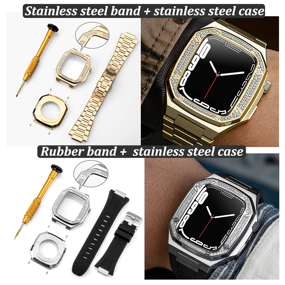 Modified Kit Metal Bezel for Apple Watch Case and Band 7 6 5 4 3 41mm 44mm 45mm Strap Frame Strap for iWatch Women Luxury