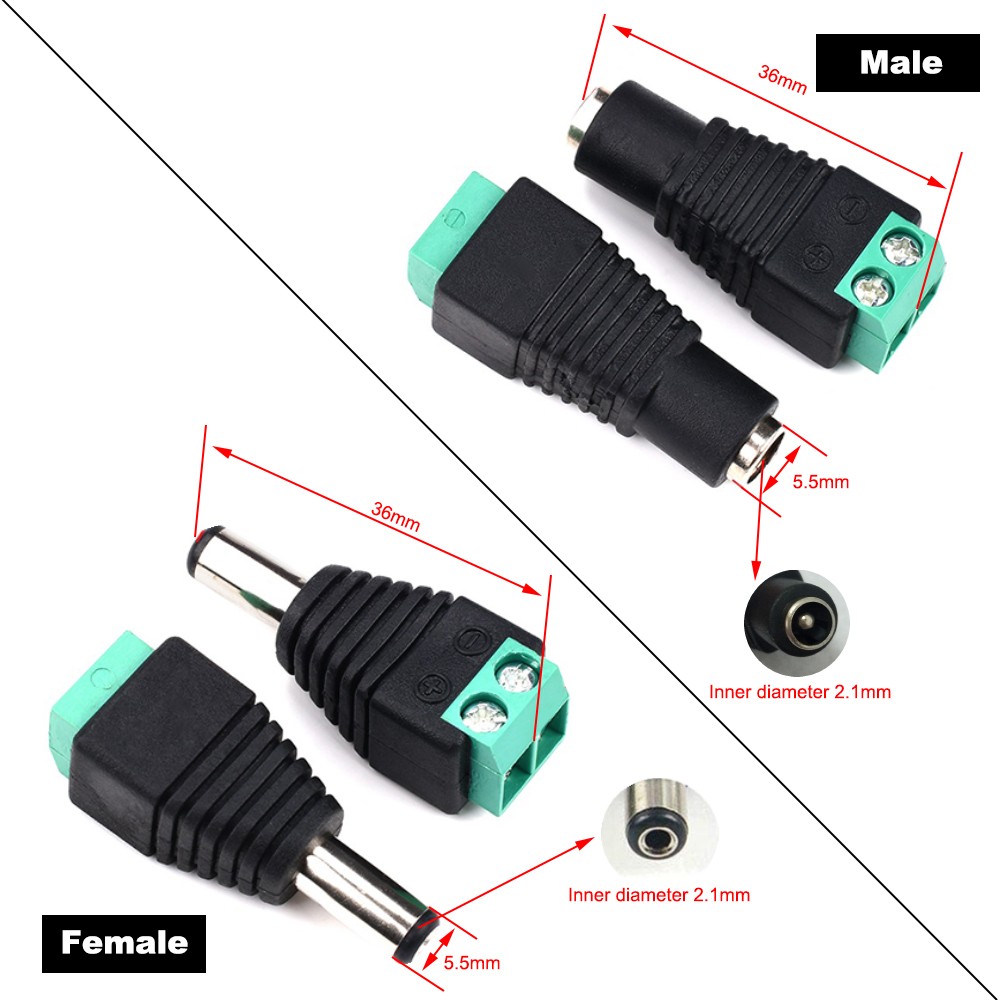 Female Male DC Connector 5.5mm x 2.1mm Power Jack Adapter Connector Cable Connector for LED Strip Security Cameras