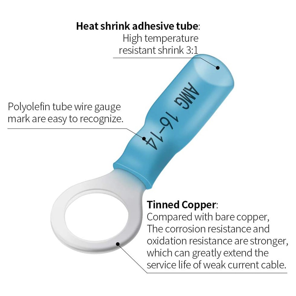 360pcs Marine Grade Heat Shrink Loop Connectors - Heat Shrink Wire Connectors Tinned Red Copper Insulated Loop Terminals Crimp Terminals