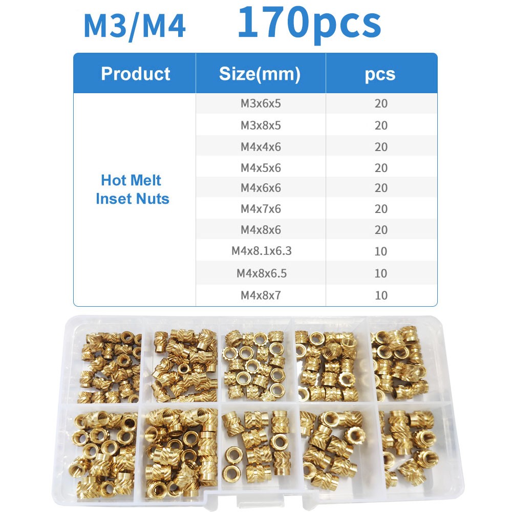 90-500 قطعة M2 M2.5 M3 M4 M5 M6 النحاس الساخن تذوب المكسرات مجموعة متنوعة موضوع النحاس مخرش الخيوط إدراج Embedment المكسرات مجموعة