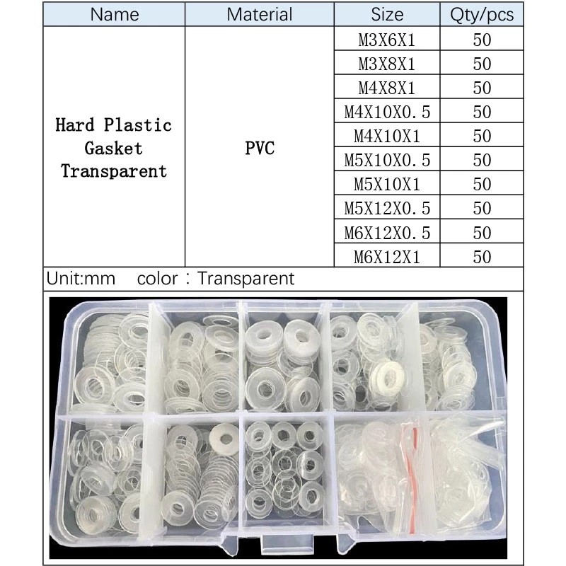 500pcs PVC Washers M3 M4 M5 M6 Soft/Hard Plastic Gasket Transparent Insulation Flat pading Screws Assortment