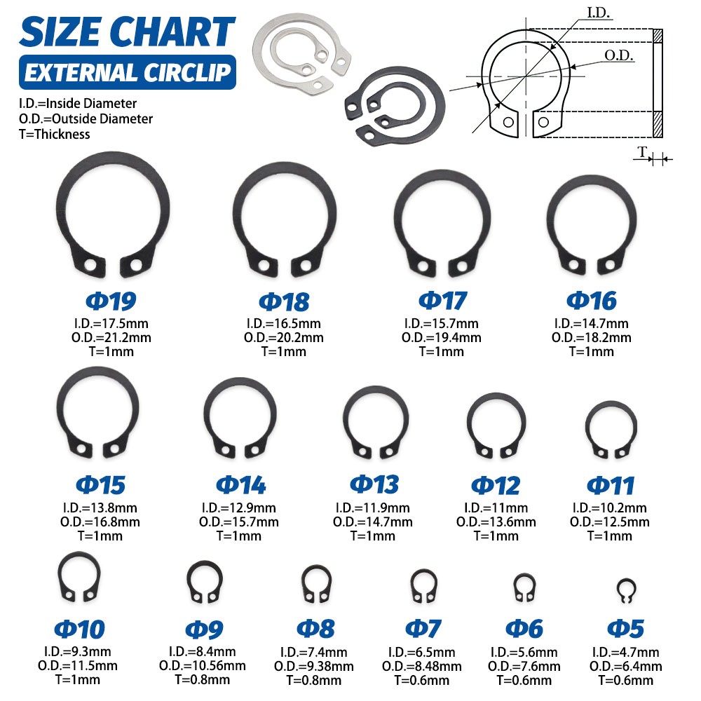 480pcs External Retaining Circlips C Clip Washers Snap Retaining Ring Stainless Steel Alloy 5-19mm Circles Set for Shaft