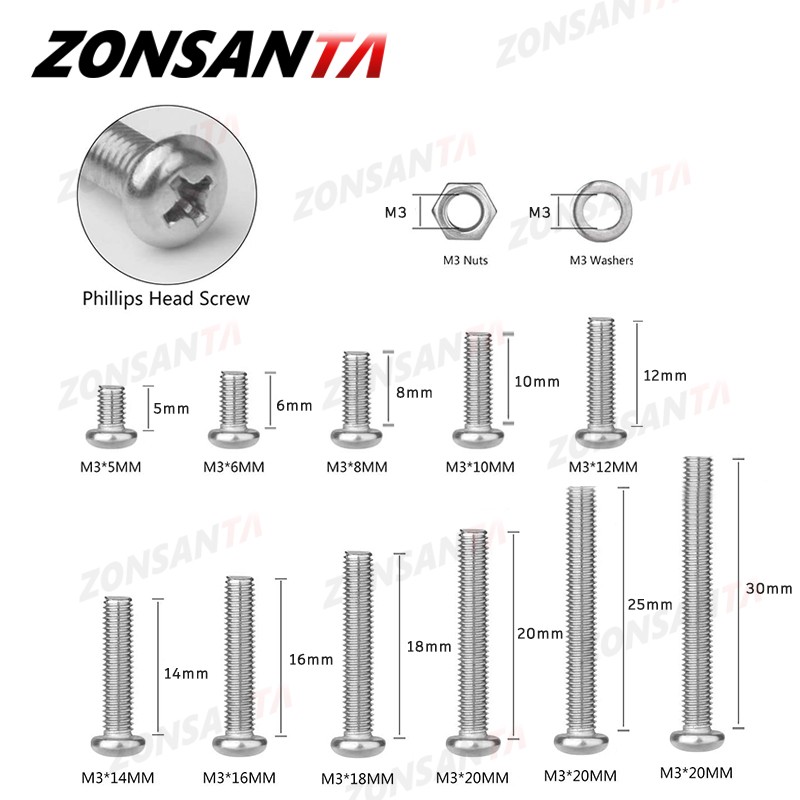 ZONSANTA 480/660 قطعة الصليب الجولة مسمار لولبي الرأس مجموعة M2 M2.5 M3 M4 حلقة صامولة الفولاذ المقاوم للصدأ مسمار فيليبس رئيس آلة المسمار