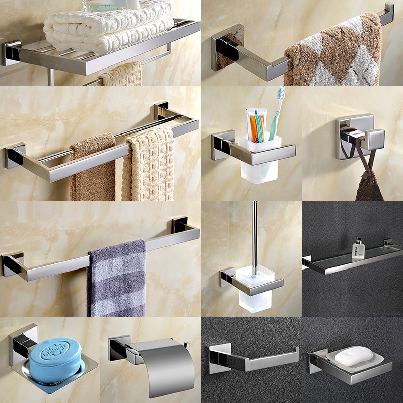 Chrome Polished Double Towel Bars Bathroom Towel Hanger Stainless Steel Bathroom Accessories Soap Dish Toilet Brush Holder