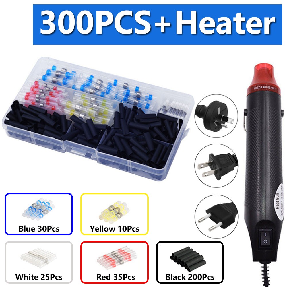 50/300pcs Waterproof Heat Shrink Butt Terminals Crimp Terminals Welding Seal Electrical Wire Twisting Cable Terminal Kit With Hot Air Gun