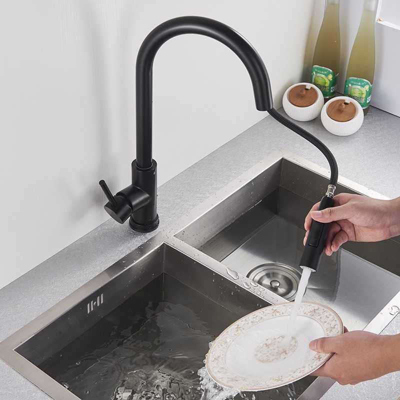 Free Shipping Black Kitchen Faucet Two Function Single Handle Pull Out Mixer Deck Mounted Hot and Cold Water Taps