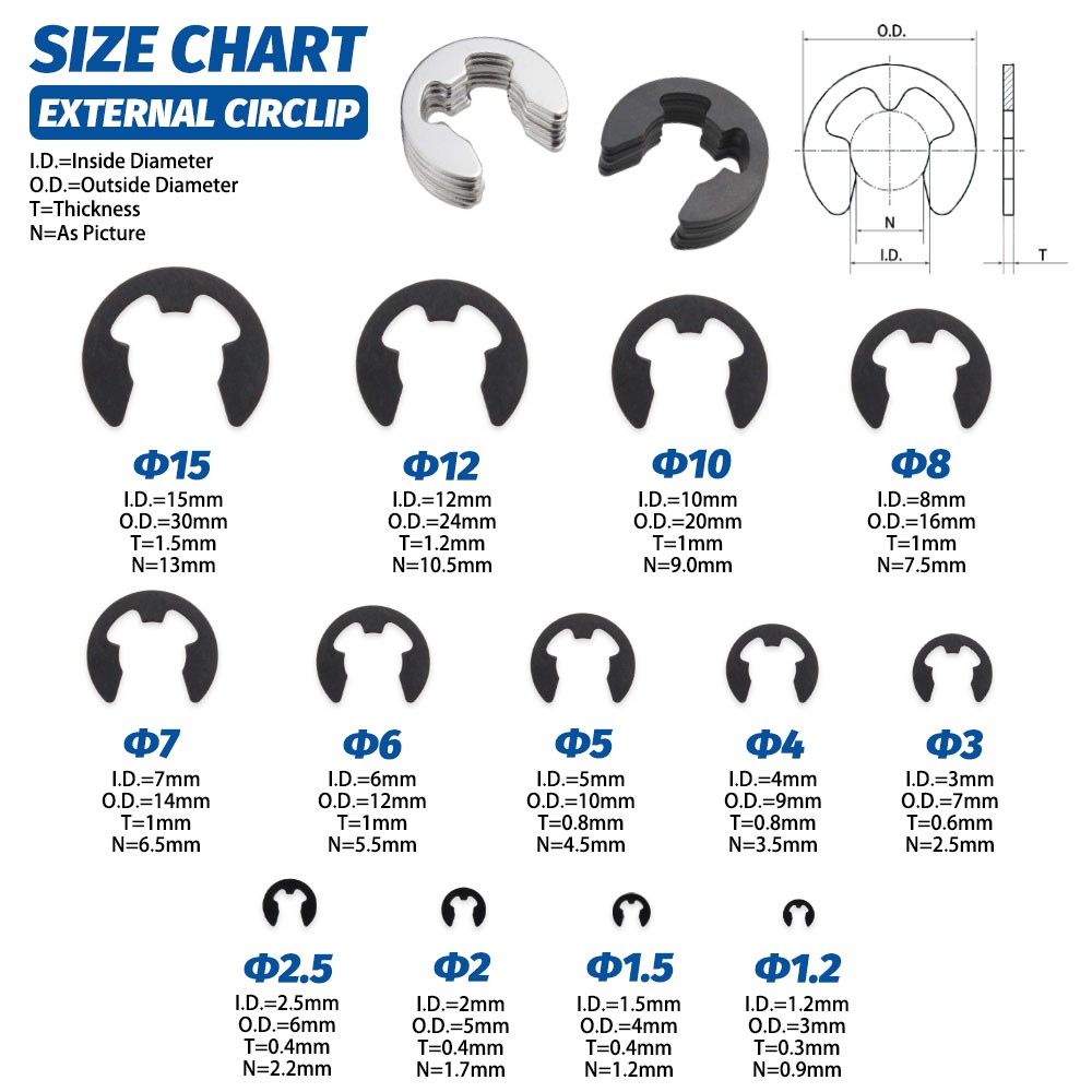 290 قطعة سبائك الصلب E كليب الدوائر غسالة مجموعة متنوعة الدوائر الخارجية الاحتفاظ الدائري ل رمح السحابة بكرة رمح 1.2-15 مللي متر