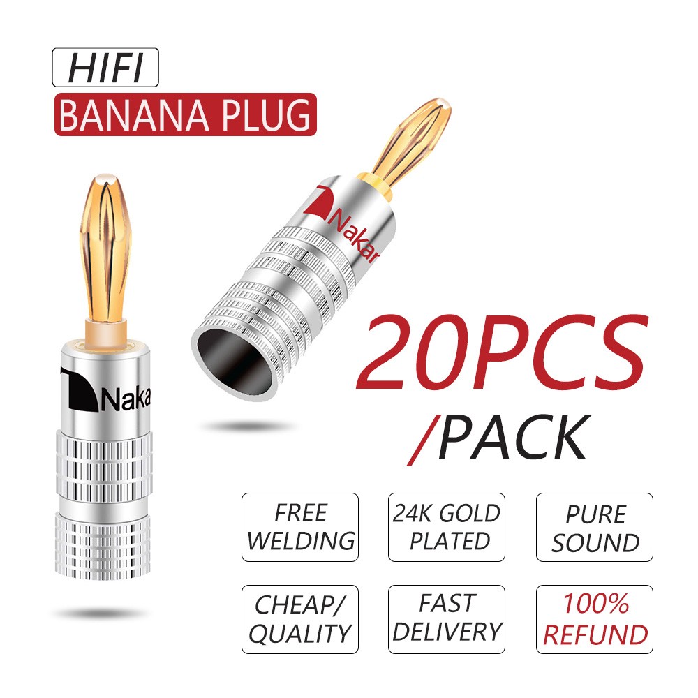 20pcs/10pairs Nakamichi Banana Plug 24K Gold Plated 4mm Banana Connector With Screw Lock For Audio Jack Speaker Plugs Black And Red