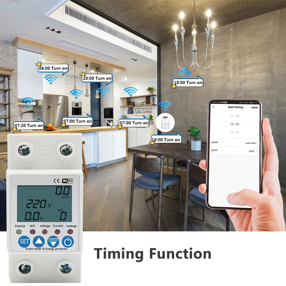 2P 63A Tuya APP WiFi Smart Circuit Earth Leakage Over Under Voltage Protection Device Relay Device Switching Contactor Power KWh Meter