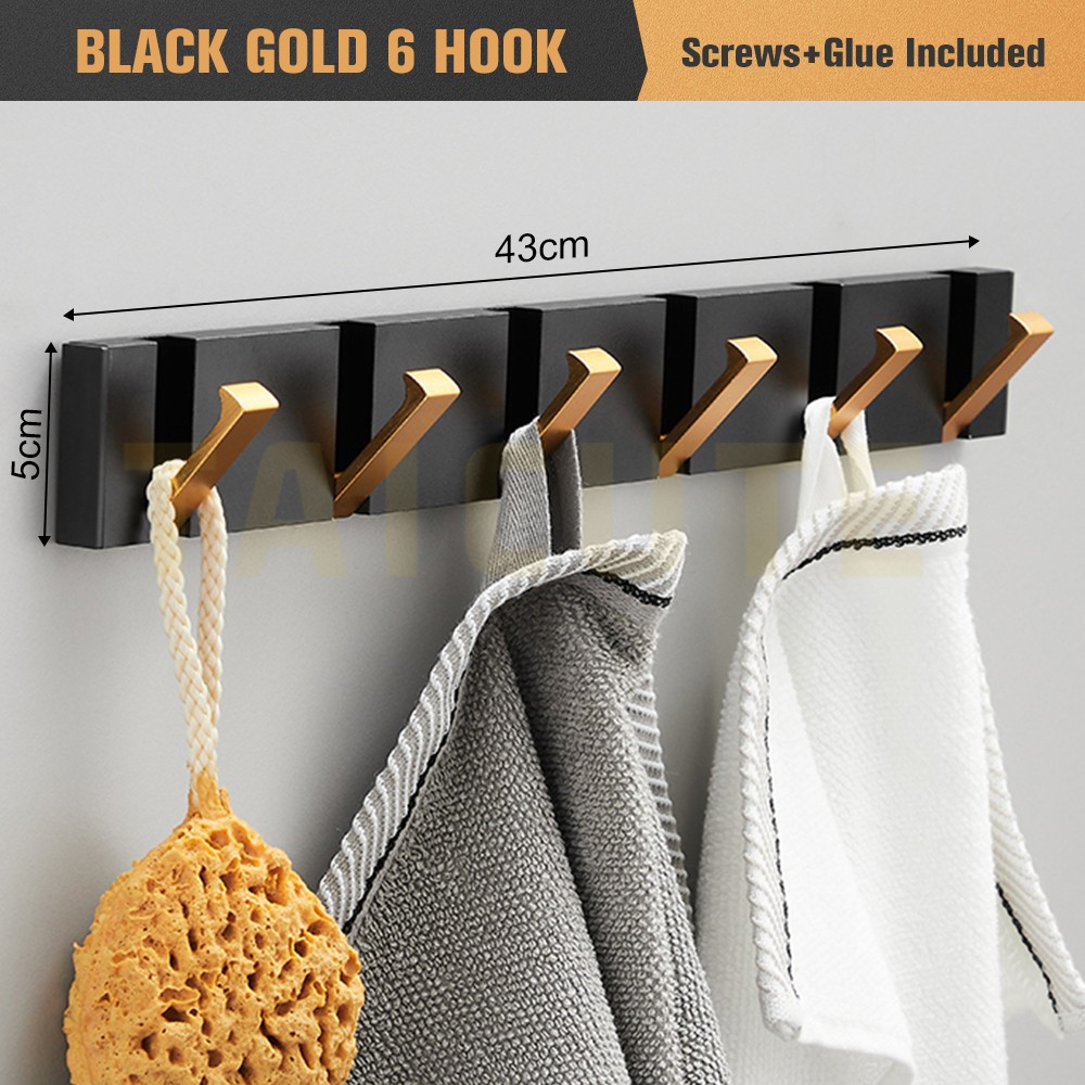 TAICUTE Folding Towel Hanger 2 Ways Fitting Wall Hooks Coat Clothes Rack for Bathroom Kitchen Bedroom Hallway, Black Gold