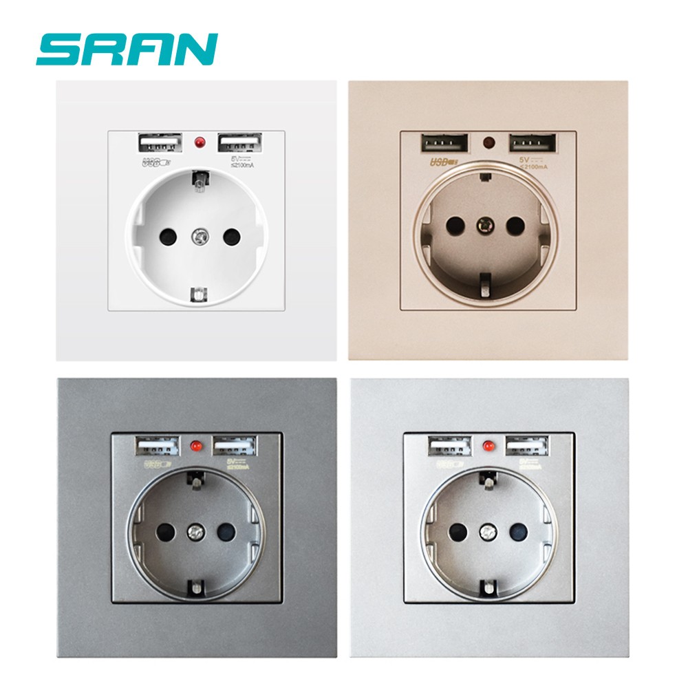 EU Power Socket,Socket With Usb Charging Port 2.1A 16A White Computer Board 86mm*86mm Russia Spain Wall Socket SRAN