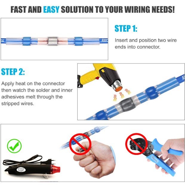 250pcs Welding Cable Wire Seal Electrical Connectors Heat Shrink Butt Terminals Crimp Terminals Waterproof Splice Kit With 300W Hot Air Gun