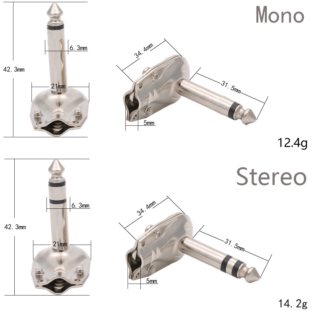 10pcs 90 Degree Right Angle 6.35mm Mono/Stereo 2/3 Pole Jack Plug 6.35mm Guitar Phono Pie Connector 1/4 Inch