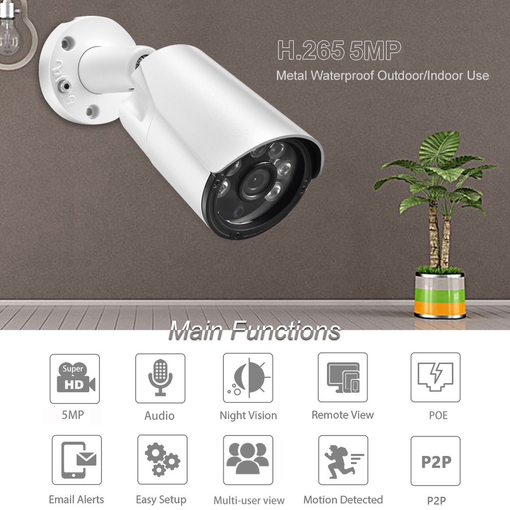 AZISHN Bullet IP Camera 5MP 1/2.7" Sony IMX335 2592x1944P IR Security Audio Recording Outdoor Metal CCTV Surveillance POE