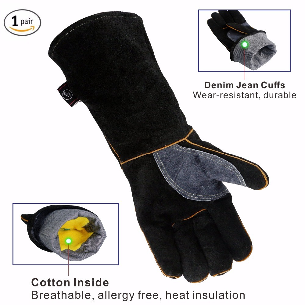 KIMYUAN - Heat Resistant Welding Gloves, 016/017L, Ideal for Cooking, Baking, Stovetop, Animal Handling, BBQ, Black-Grey, 14/16 inch