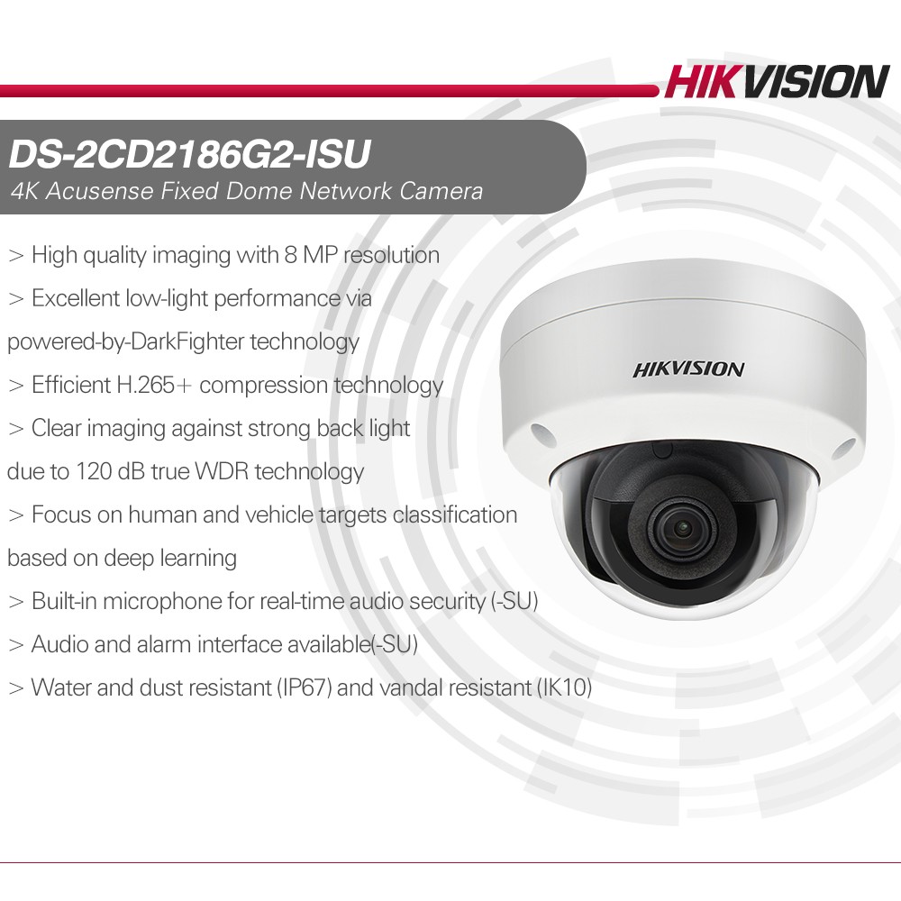 Hikvision Accosense DS-2CD2186G2-ISU PoE IP Dome Camera 2K 4MP SD Card Slot H.265 + Audio/Alarm I/O Event Face Detection Built-in Mic