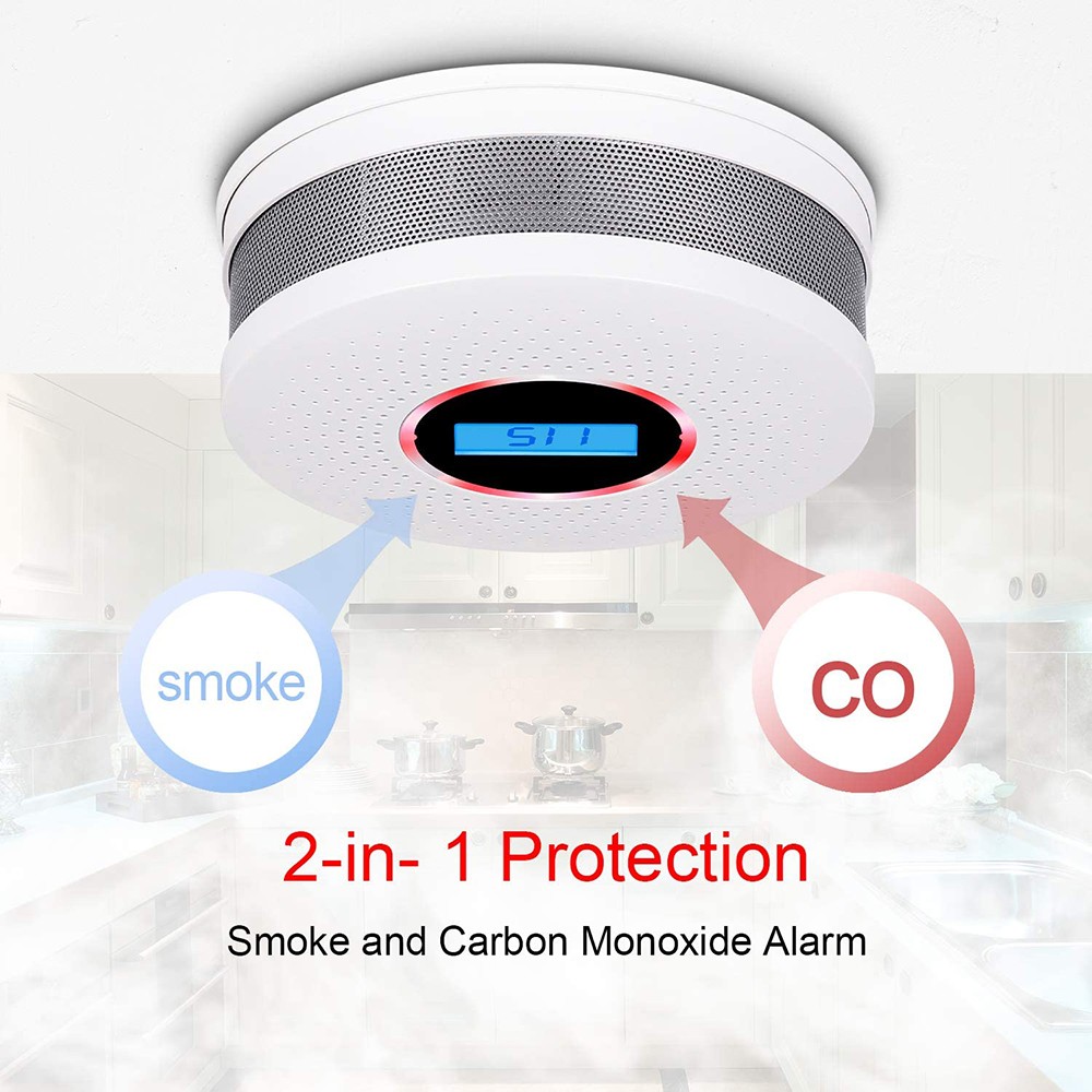 2 in 1 Wireless Carbon Monoxide Smoke Sensors Co Toxic Gas Leak Detector 85dB Built In Voice Promp Digital Color LCD Display