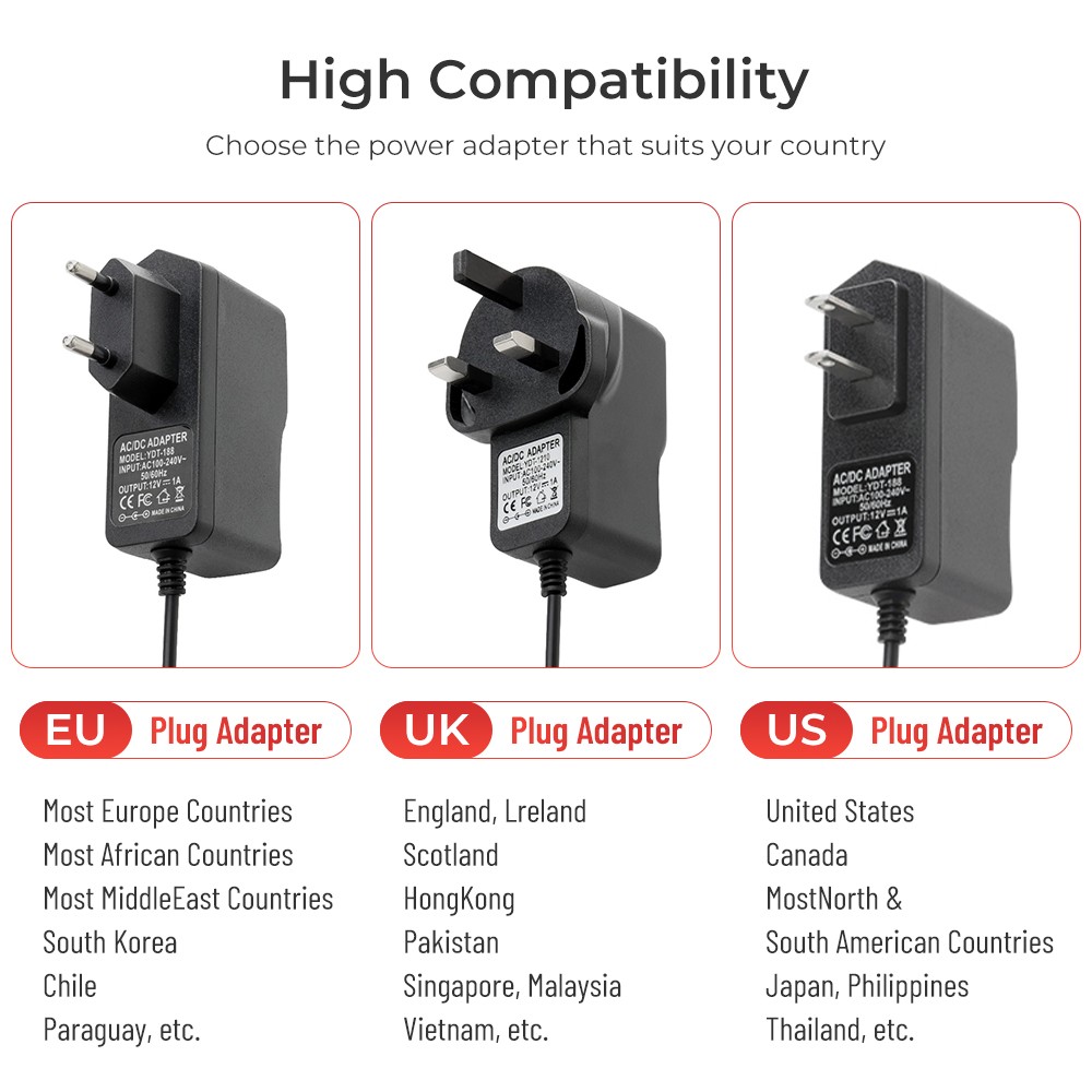 DC12V 1A طويلة 3M كابل انتاج الطاقة محول الجدار شاحن DC الاتحاد الأوروبي/الولايات المتحدة/المملكة المتحدة ل CCTV مراقبة كاميرا مخصصة الطاقة محول