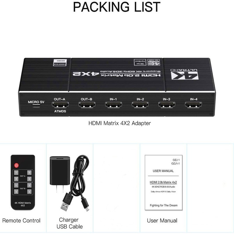 4K60Hz HDMI-compatible 4x2 matrix splitter splitter support HDCP 2.2 IR remote control switch 4x2 Spdif 4K 4x2 matrix switch