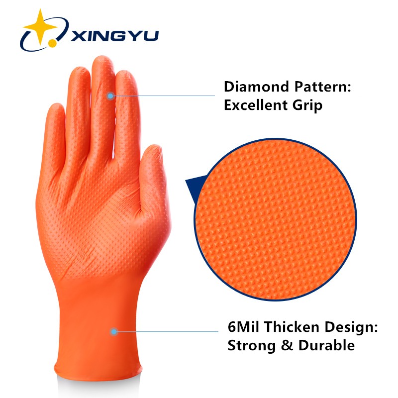 Mechanics Black Nitrile Gloves 50pcs Powder Free Safety Work Gloves Orange Color Synthetic Nitrile Diamond Pattern Gloves