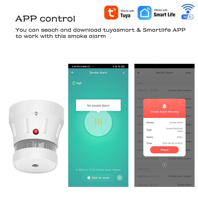 Zigbee smart smoke alarm safety protection wifi tuya sensitive control fire detector battery powered with sound and light alert