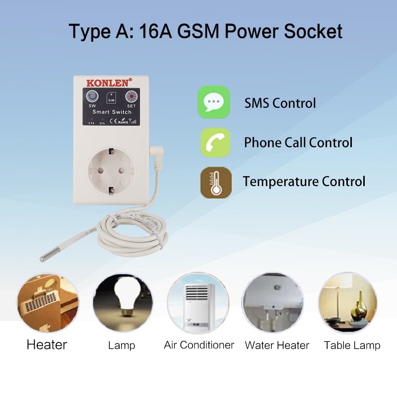 2022 16A GSM SMS Smart Power Socket Outlet Temperature Sensor Controller Smart Plug Relay Switch Home Automation Remote