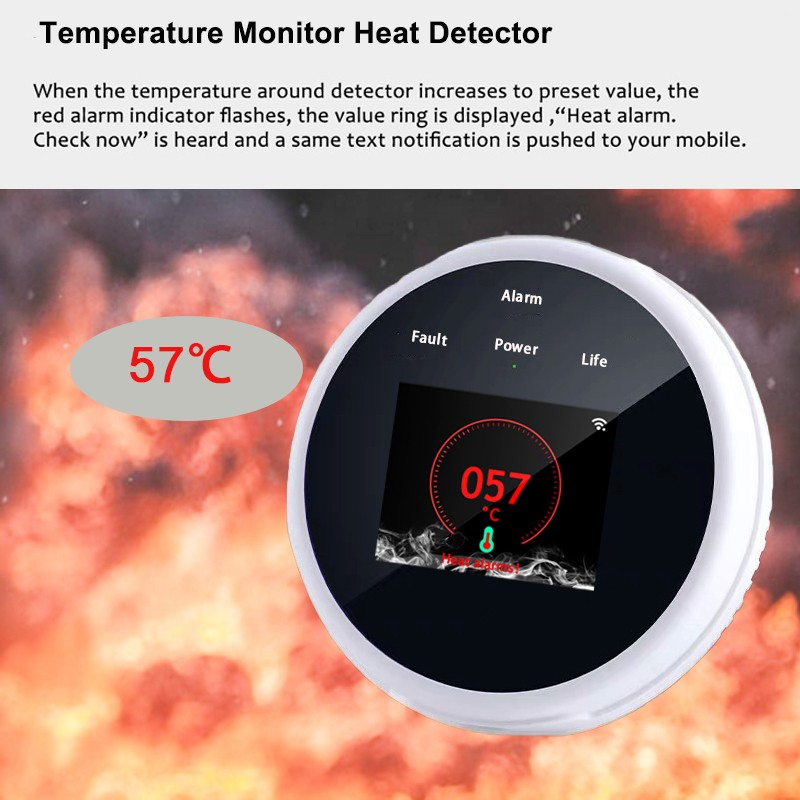 Tuya واي فاي قابل للاحتراق كاشف تسرب الغاز درجة الحرارة رصد الحرارة إنذار الأمن حماية جهاز إنذار الحريق صوت للشقة