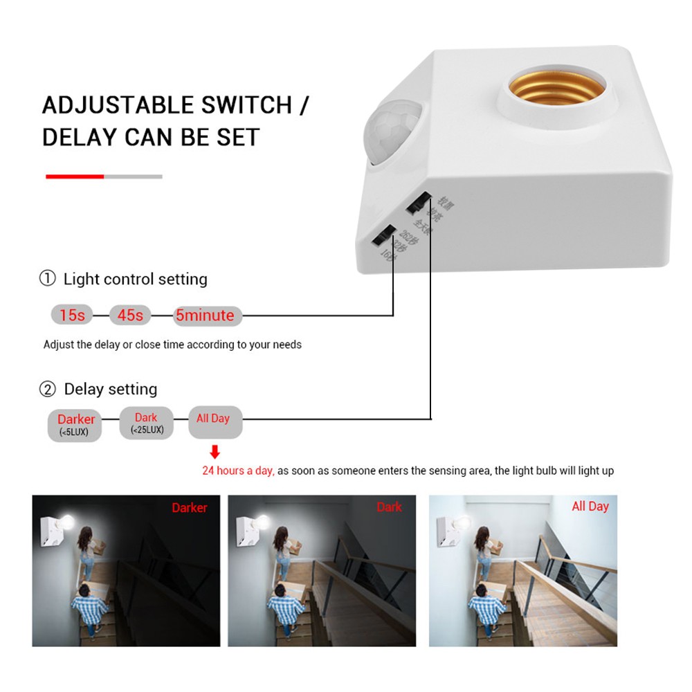 LED Bulb Light E27 Base PIR Automatic Motion Detector Human Body Infrared Sensor IR Lamp Holder Wall Lamp Holder Socket