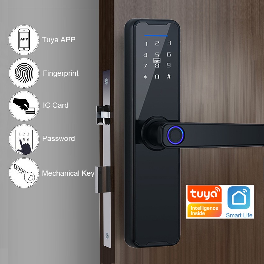 2022 K7 Black Smart Lock Biometric Fingerprint Door Lock Tuya App Remote Unlocking Wireless Keyless Lock Electronic Door Lock