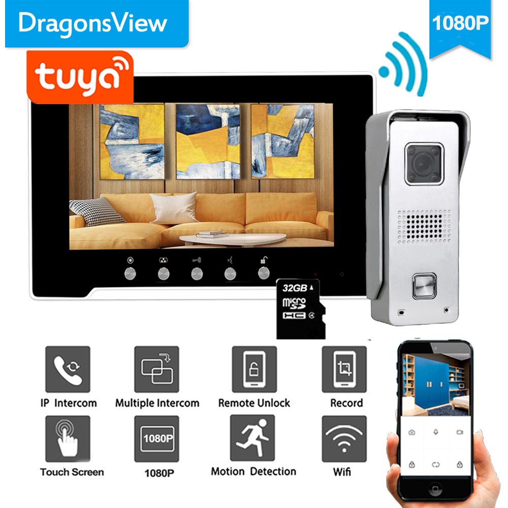 Dragonsview 1080P 7 بوصة السلكية واي فاي فيديو نظام اتصال داخلي هاتف فيديو لاسلكي للباب التحكم في الوصول 3A قفل إلكتروني الطاقة