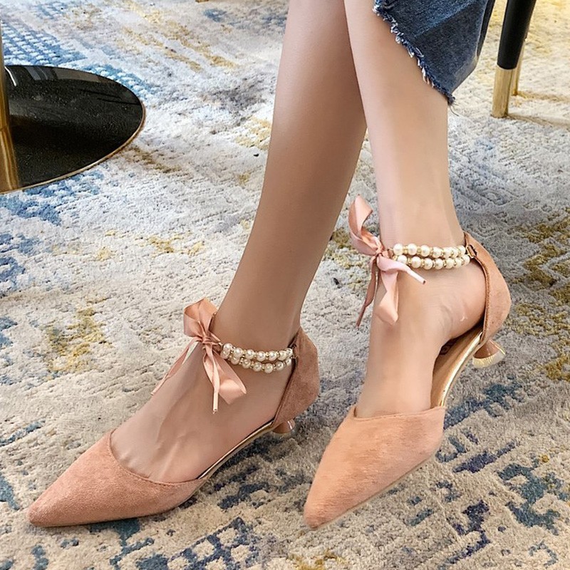 Rimocy - Women's Beaded High Heels Fancy Dress Shoes Soft Pink Bow Pointed Toe Elegant Velvet Party Shoes