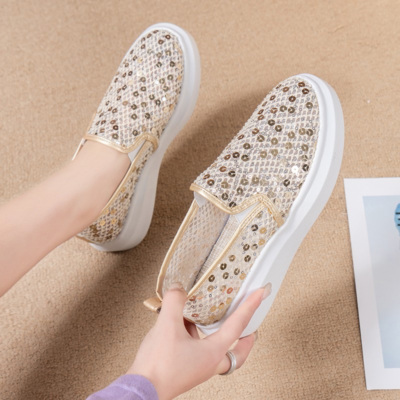 Rimocy Women's Gold Silver Embroidery Loafers 2022 Summer Slip On Casual Shoes Mesh Breathable Mesh Casual Shoes Thick Sole