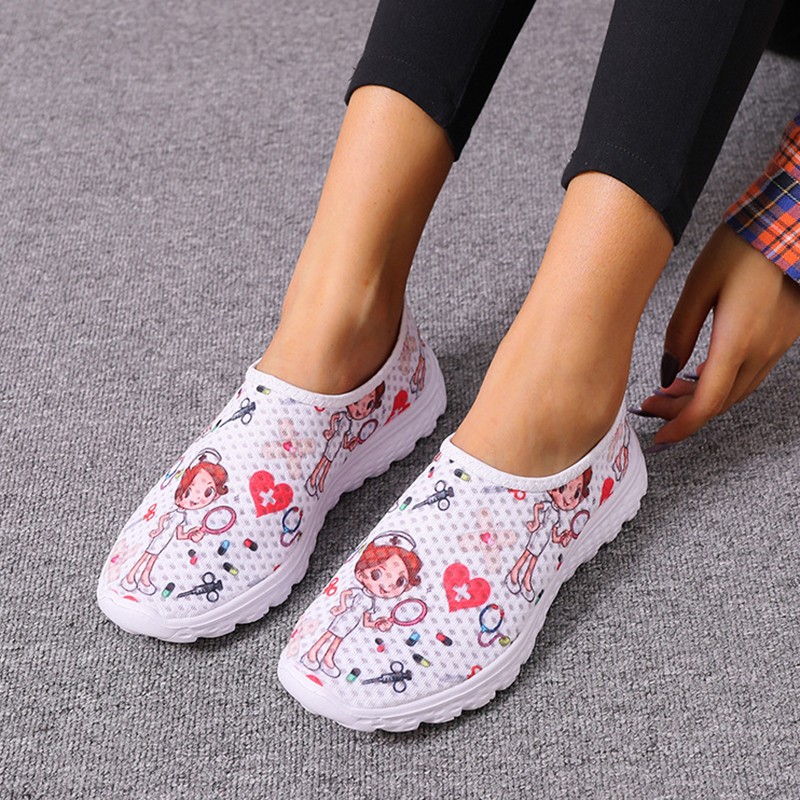 Rimocy Nursing Shoes Women Print Breathable Sneakers Woman Slip On Light Non-slip Flats Ladies Soft Bottom Casual Sneakers