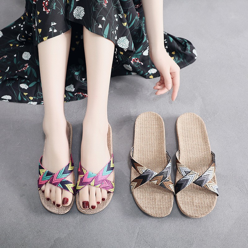 New Summer Linen Home Slippers Women 35-45 Plus Size Beach Flip Flops Non-slip Unisex Family Female Male Linen Slippers