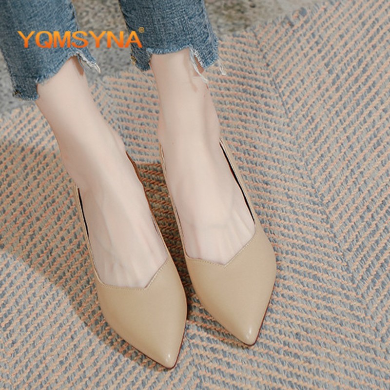 YQMSYNA Women Shoes Casual Pumps Fashion Pointed Toe Metal Beading Square Heel Pumps Street Style Slip On High Heel Shoes W39