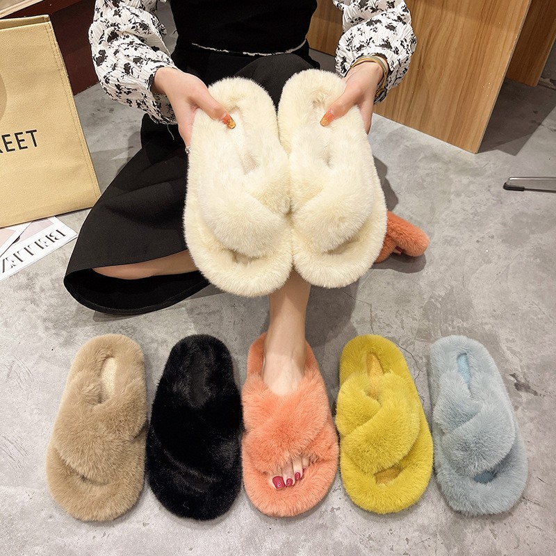 Furry Slippers Fur Slides For Women Faux Fur Sliders Out Keep Warm Shoes Woman Strap Shoes Female Casual Flat Home Shoes